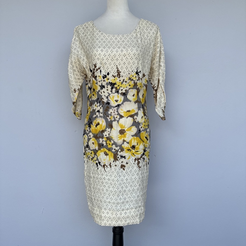 Meadow Rue Anthropologie Linen Silk Floral Dress US 4 Yellow Cream